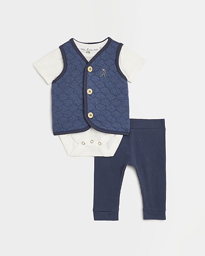 Baby boys blue quilted gilet 3 piece outfit