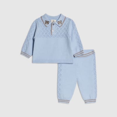 Baby Boys Blue Stitched Bear Sweatshirt Set
