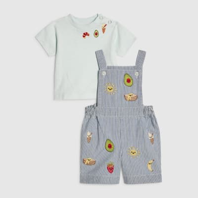 Baby Boys Blue Stripe Embroidery Dungaree Set