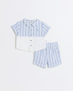 Baby boys blue stripe shirt and shorts set