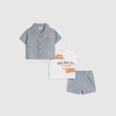 Baby Boys Blue Stripe Tiger Shirt Set
