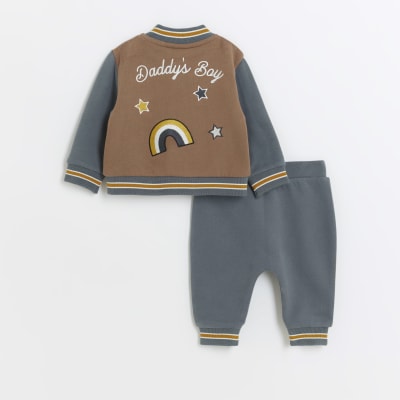 Baby boys brown embroidered bomber top set River Island