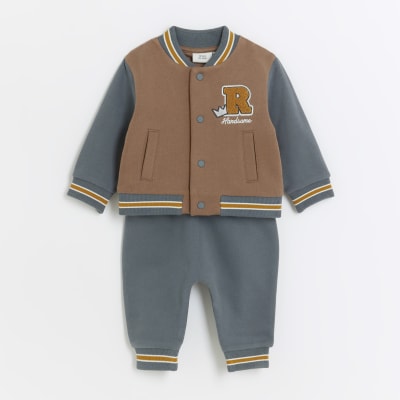 Baby boys brown embroidered bomber top set River Island