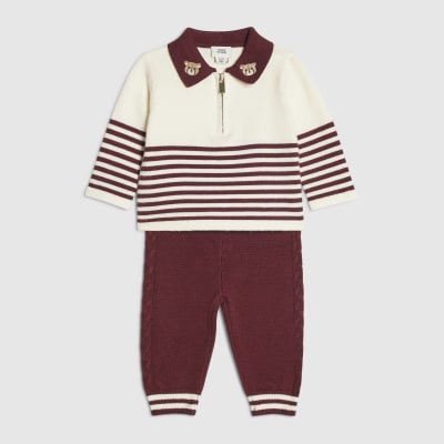 Baby Boys Burgundy Stripe Polo Knit Set