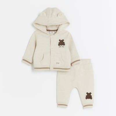 Baby boys cream bear bomber hooded top set River Island