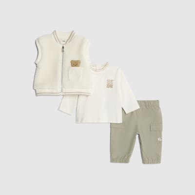 Baby Boys Cream Bear Borg Gilet Set River Island