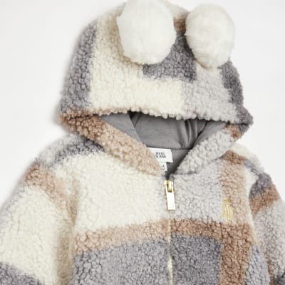 Baby boys Cream Check pom pom Coat River Island