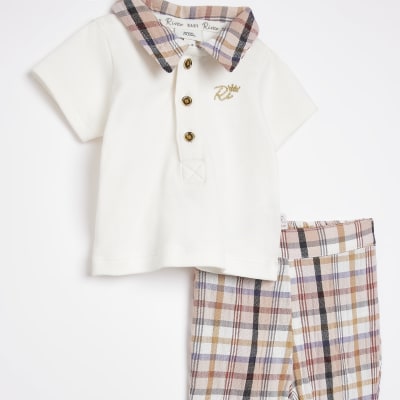 Baby boys Ecru check polo and Trouser Set