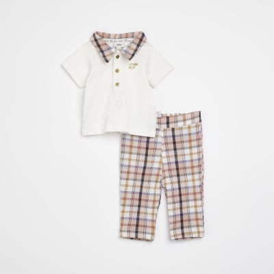 Baby boys Ecru check polo and Trouser Set River Island