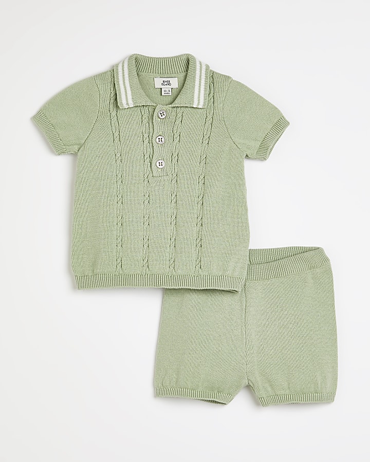 Baby boys green knitted polo short outfit