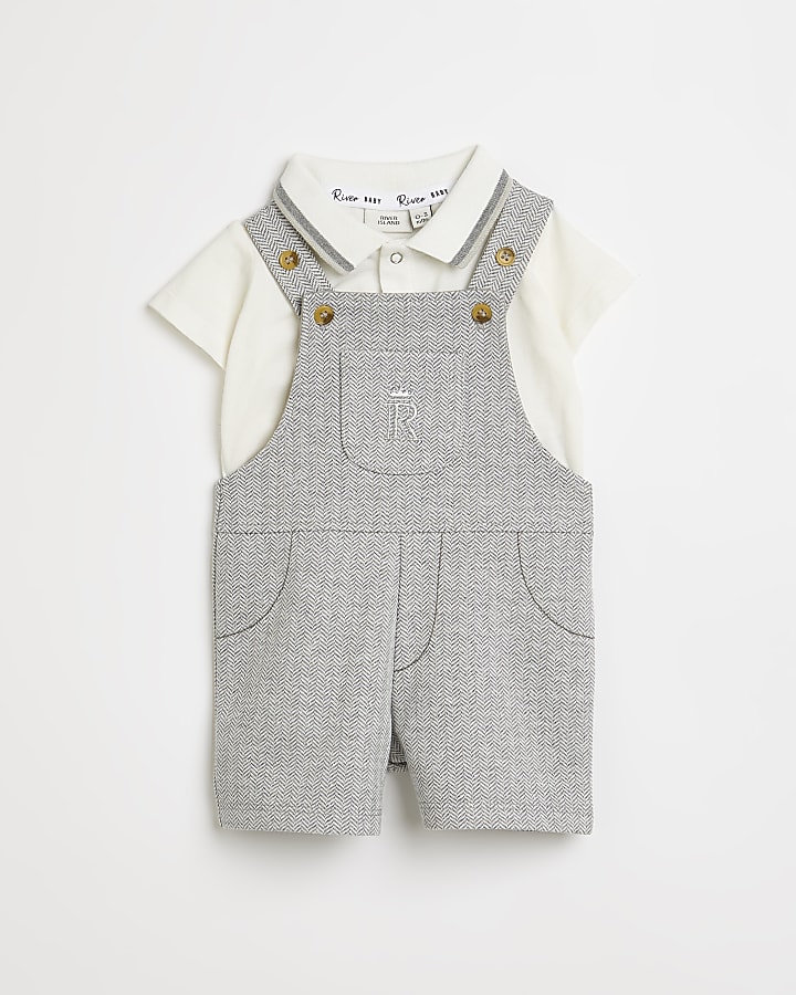 Baby boys grey herringbone dungaree outfit