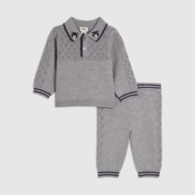 Baby Boys Grey Stitched Bear Knitted Set
