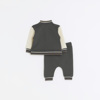 Baby boys grey varsity jacket and joggers set River Island