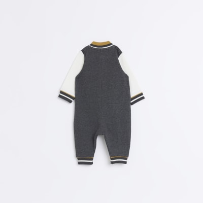 Baby Boys Grey Varsity Zip Front Bodysuit River Island