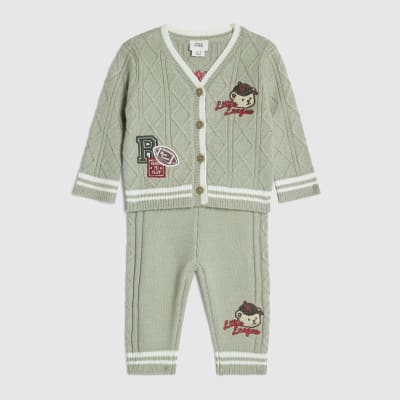 Baby Boys Khaki Cable Knitted Cardigan Set
