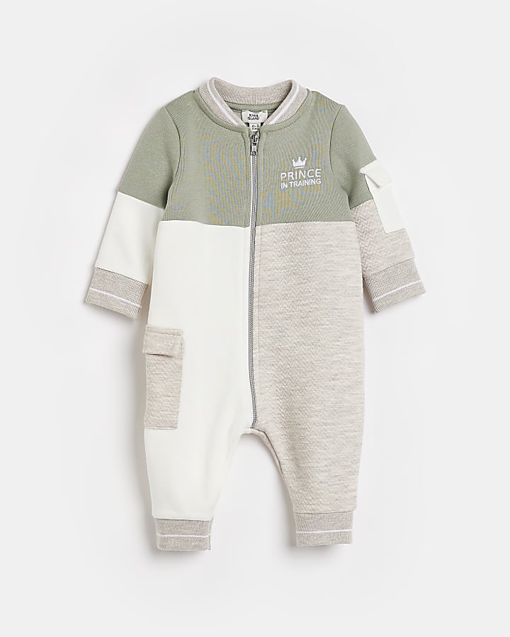 Baby boys Khaki Textured Blocked all in one