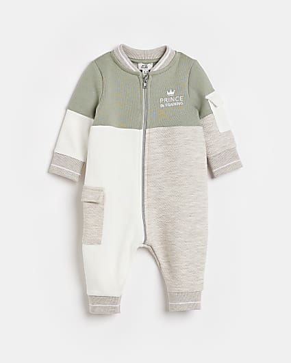 Baby boys Khaki Textured Blocked all in one