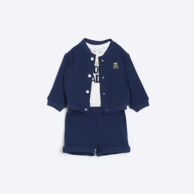 Baby boys navy bomber jacket and shorts set River Island