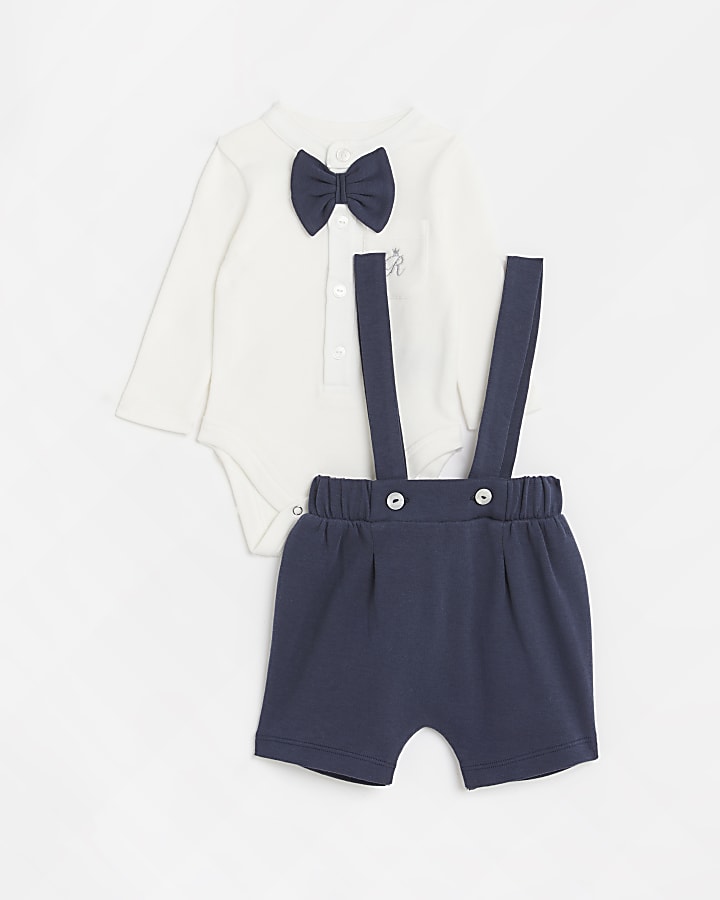 Baby boys navy bow tie dungarees set
