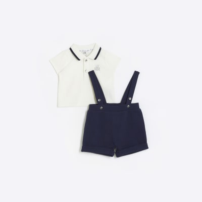 Baby boys navy dungaree short set