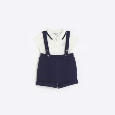 Baby boys navy dungaree short set