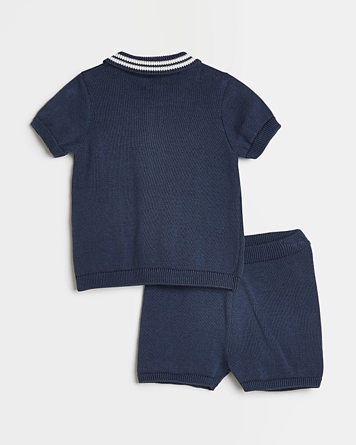 Baby boys navy knitted polo and shorts outfit