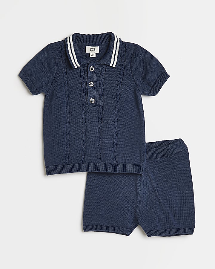 Baby boys navy knitted polo and shorts outfit