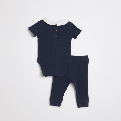 Baby boys navy 'Mama's Prince' waffle outfit River Island