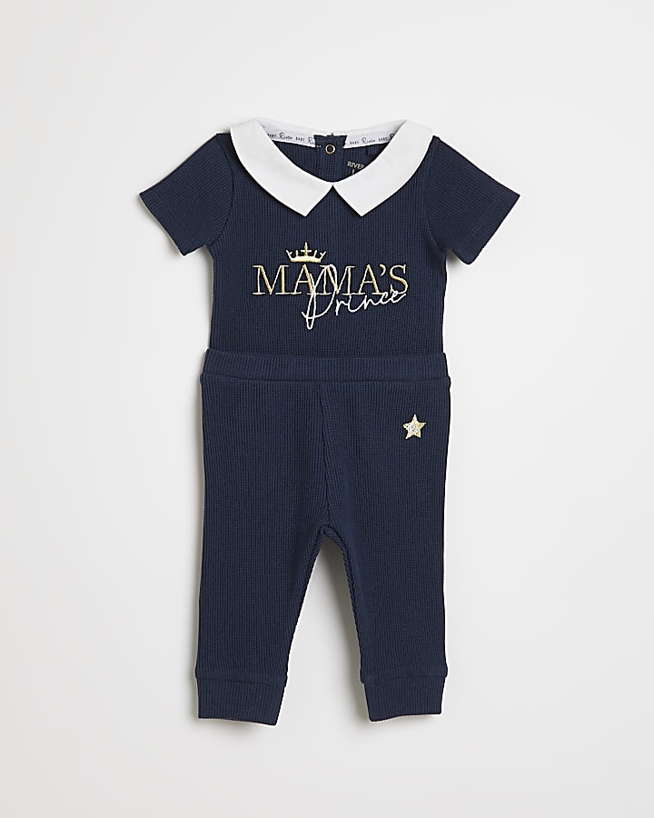 Baby boys navy 'Mama's Prince' waffle outfit