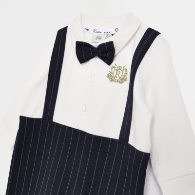 Baby boys Navy Pinstripe Dungaree bodysuit River Island