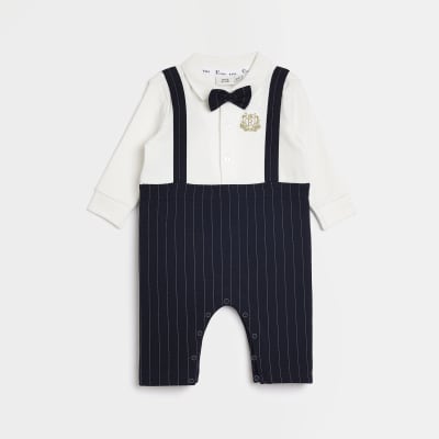 Baby boys Navy Pinstripe Dungaree bodysuit River Island