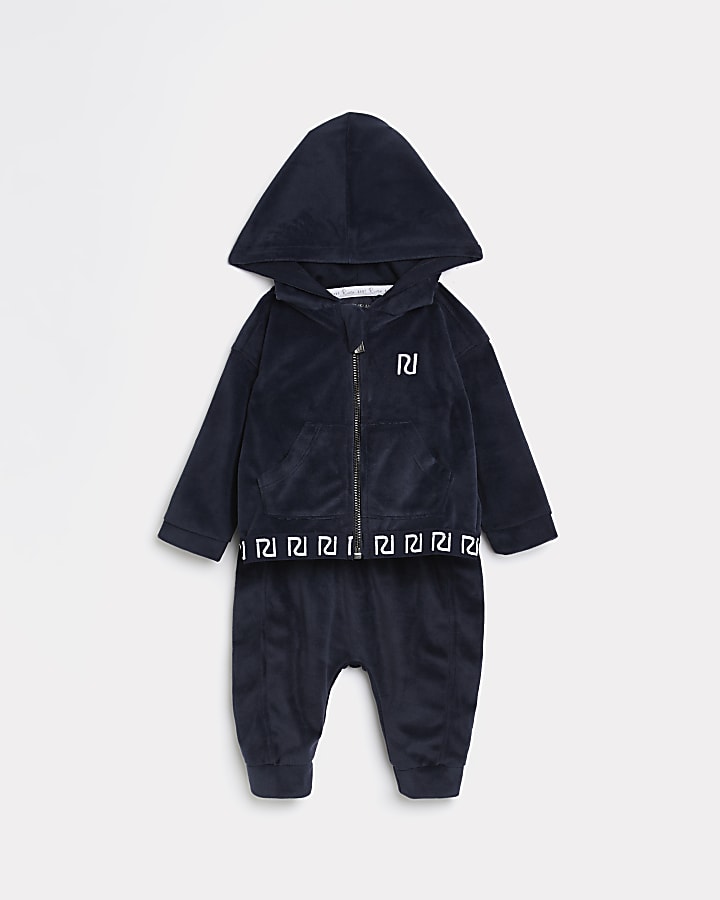 Baby boys navy RI velour hoodie outfit