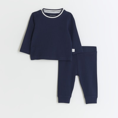 Baby boys navy rib sweatshirt set River Island