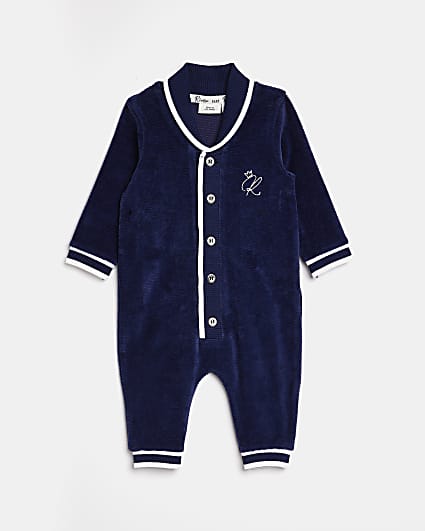 Baby boys Navy Shawl Neck Velour all in one