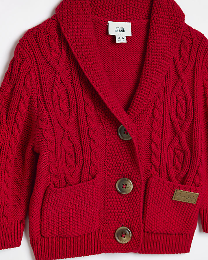 Baby Boys Red Shawl Cable Knit Cardigan