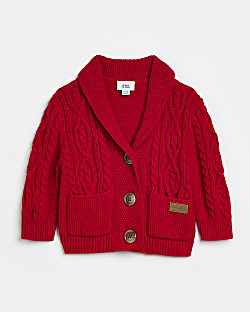 Baby Boys Red Shawl Cable Knit Cardigan