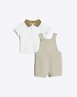 Baby boys stone dungarees and polo set