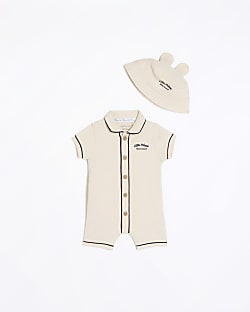 Baby boys stone textured romper and hat set