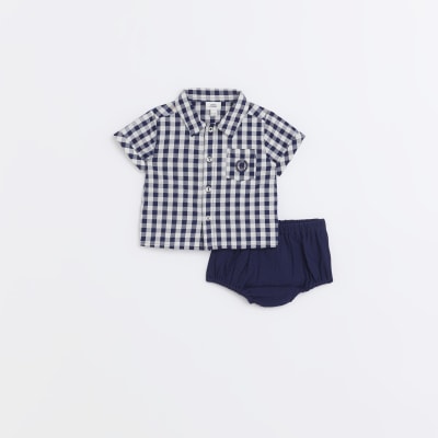 Baby boys white check shirt and bloomer set