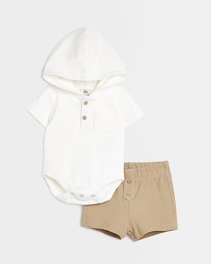 Baby boys white hooded waffle babygrow outfit