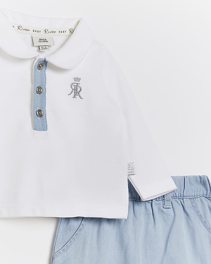 Baby boys white polo and chambray joggers set
