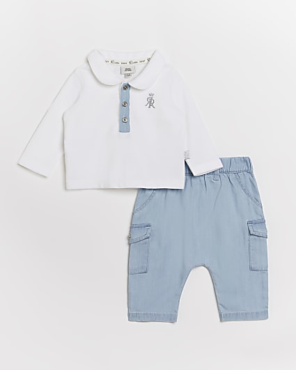 Baby boys white polo and chambray joggers set
