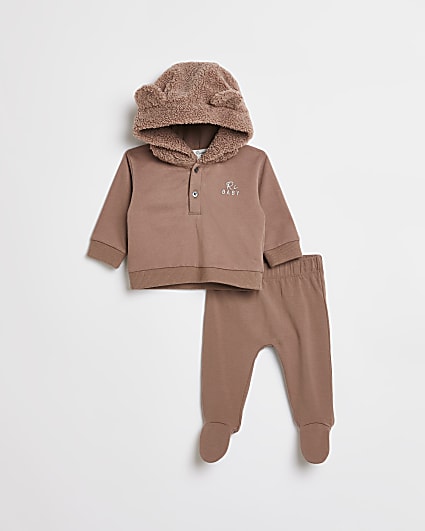 Baby brown bear hooded borg bodysuit outfit