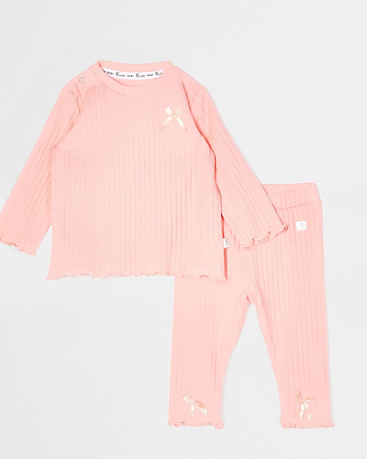 Baby coral bow ribbed legging outfit
