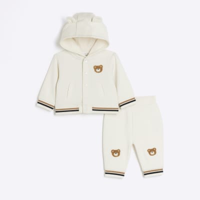 Baby cream embroidered bear hoodie set | River Island