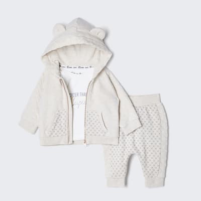 Baby cream quilted hoodie and bottom outfit River Island