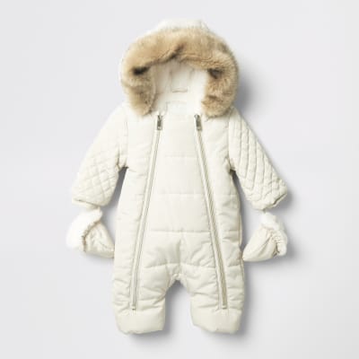 Baby cream quilted zip front snowsuit | River Island