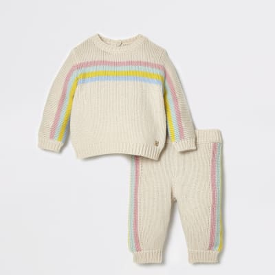Baby cream rainbow stripe knit jumper outfit