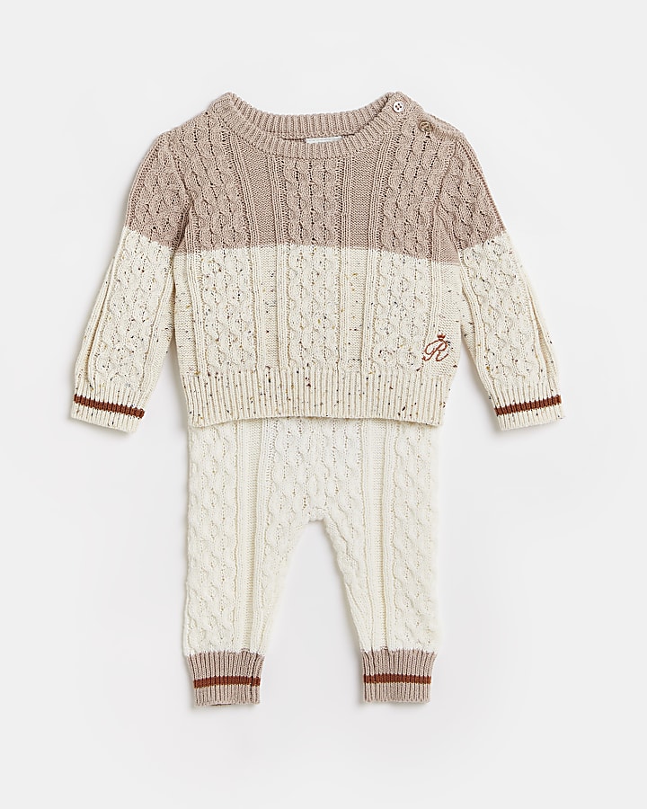Baby ecru cable knit blocked jumper outfit