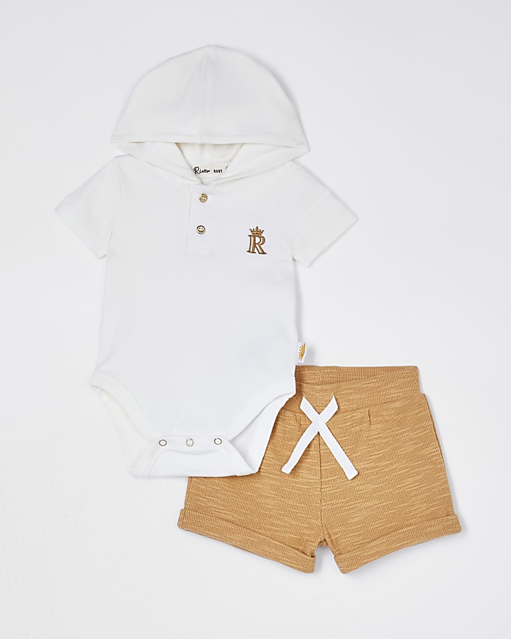 Baby ecru hooded baby grow shorts outfit